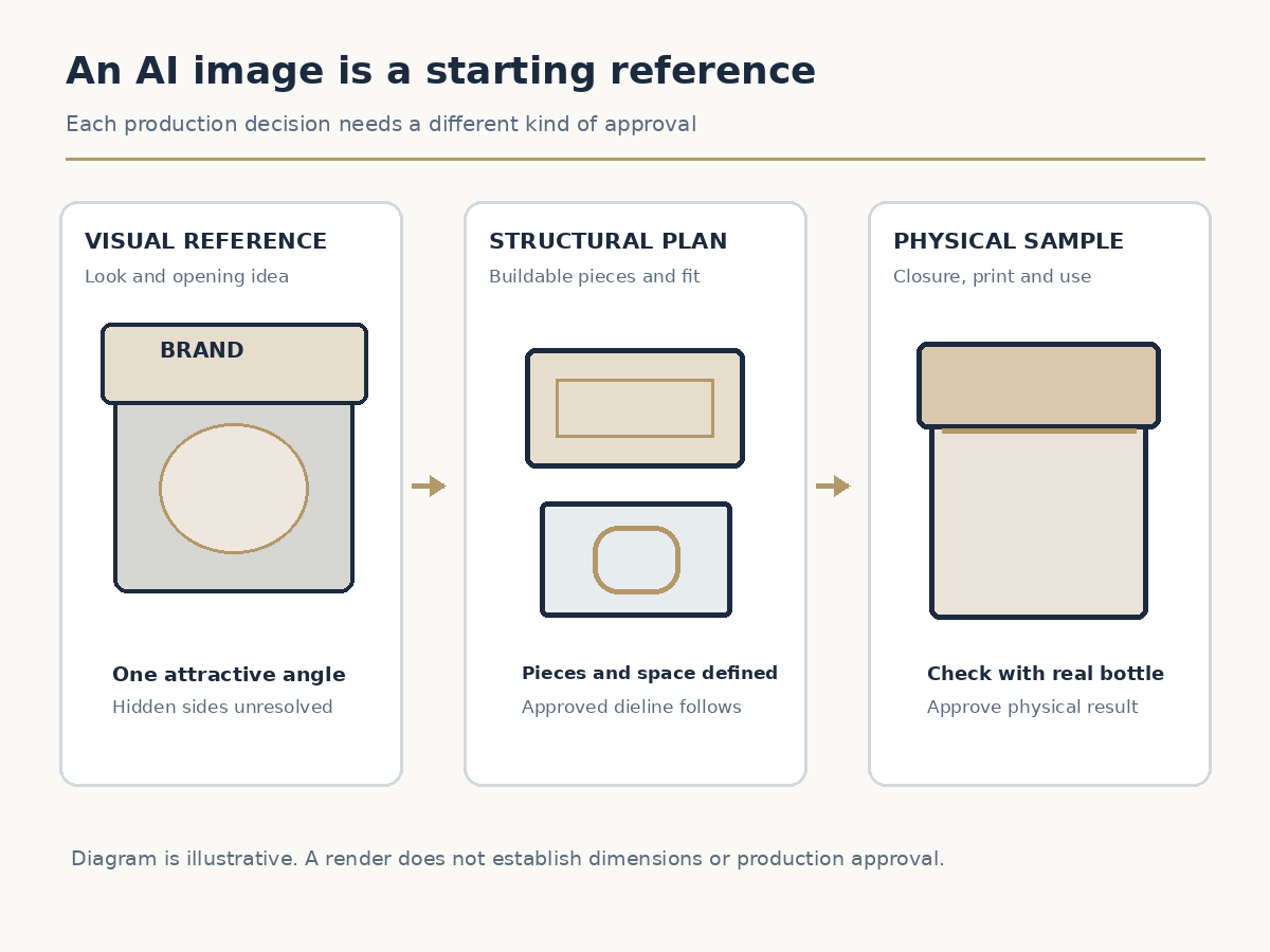Concept image translated into three separate manufacturing decisions: box structure, artwork panels, and physical bottle fit
