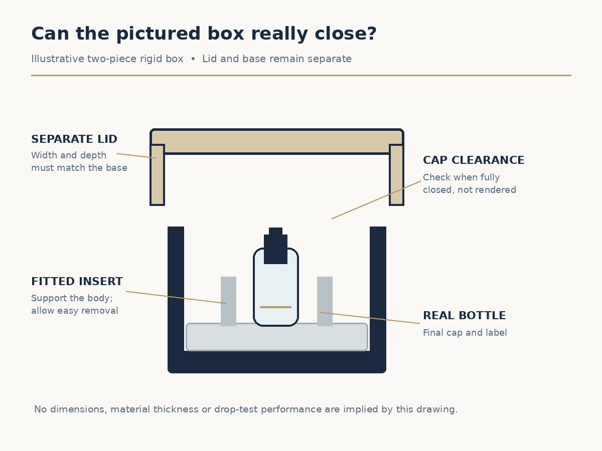 Illustrative two-piece perfume rigid box with separate lid, base, fitted insert, and real bottle clearance checks