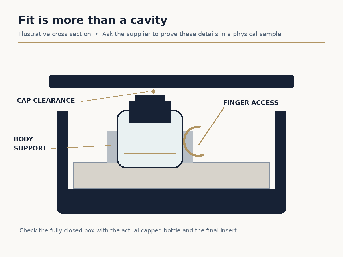 Illustrative cross section of a travel spray in a fitted insert, showing body support, finger access, and free space above the cap