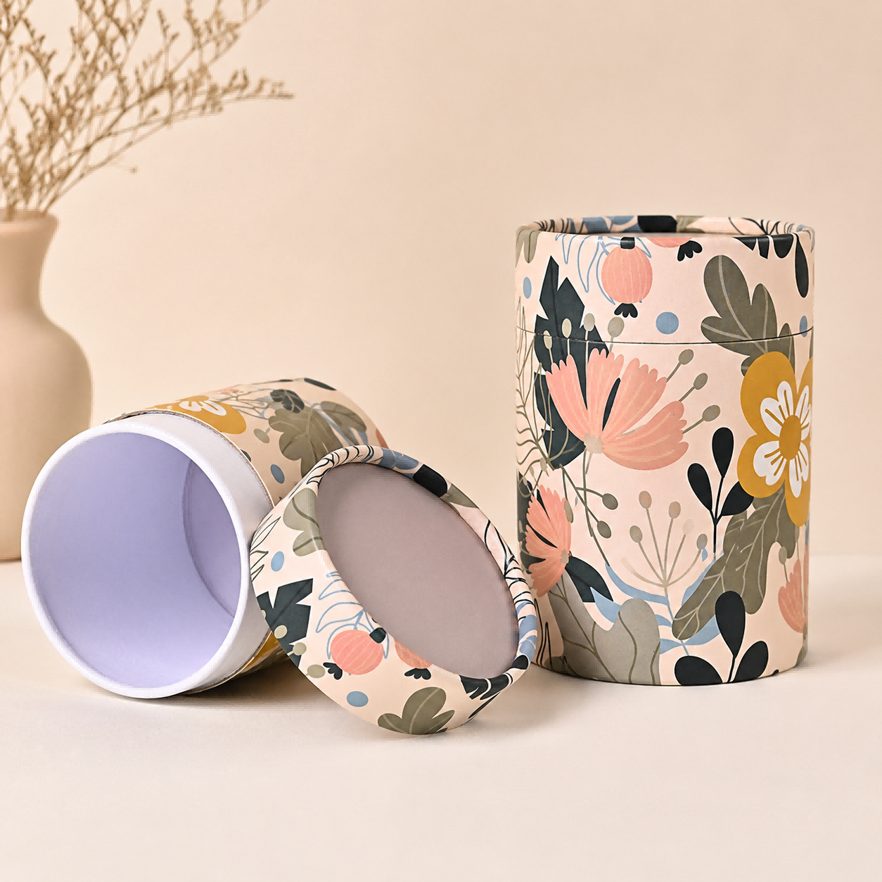 Round gift boxes with lift-off lids for candles fragrance and specialty packaging