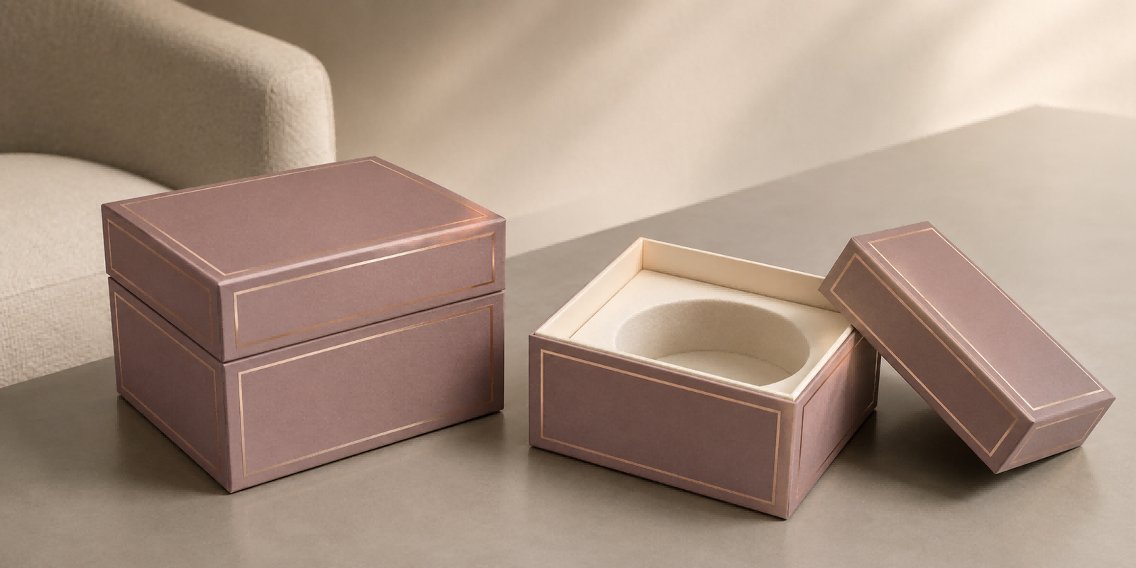 Rigid lid and base boxes made with thick greyboard and wrapped specialty paper